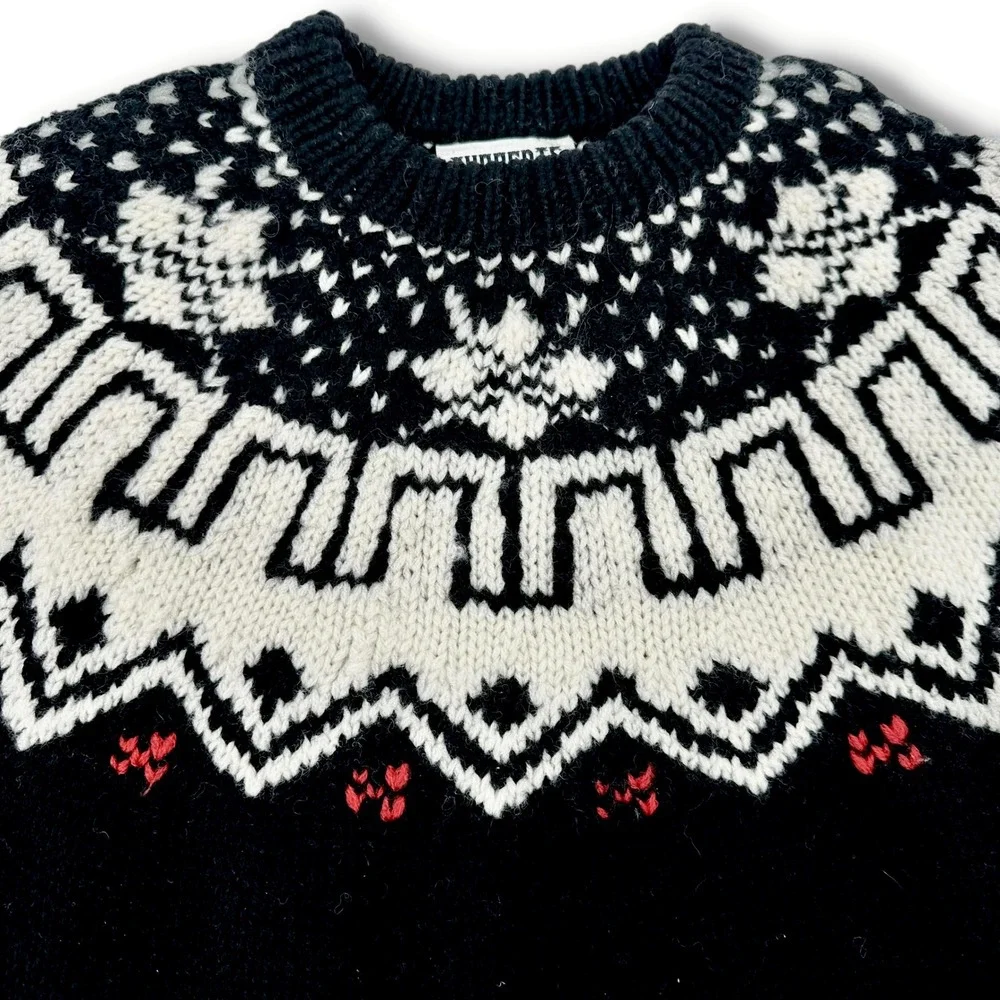 VTG Currents Australia Fair Isle Sweater Oversized Sz S‎ 100% Wool Black Cream